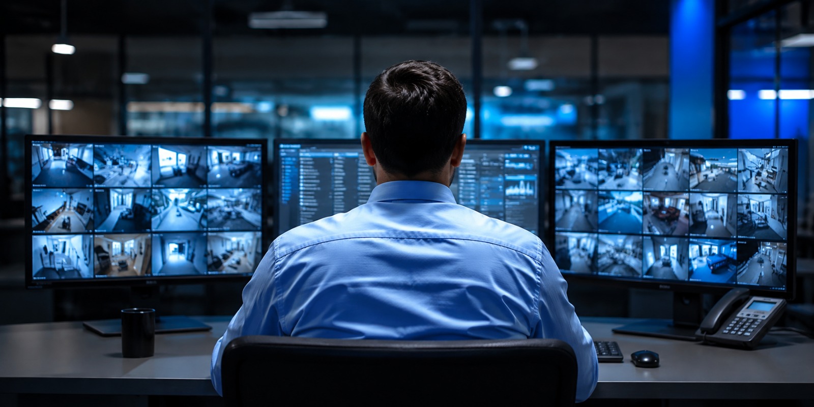 An operator watching a wall of live camera feeds in a monitoring centre